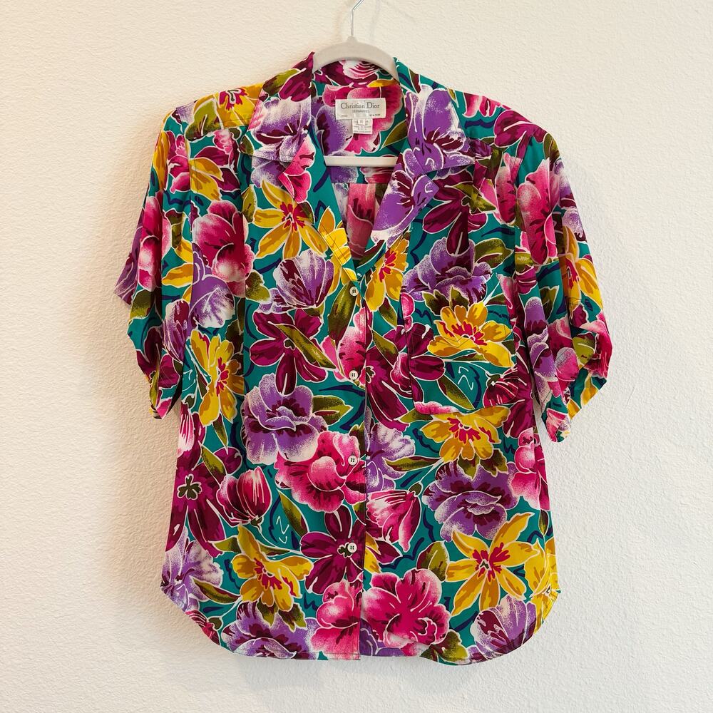 Vintage Christian Dior Floral Vacation Shirt & Pants Set 100% Cotton Size 12/14 - Picture 2 of 9